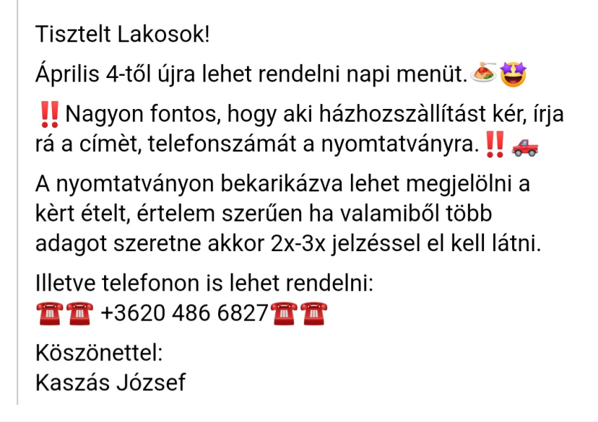 AZ ÓVODAI KONYHA  ÜZEMELÉSE ÁPRILISTÓL