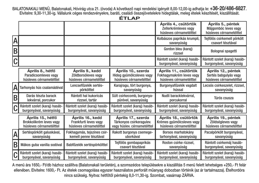 AZ ÓVODAI KONYHA  ÜZEMELÉSE ÁPRILISTÓL